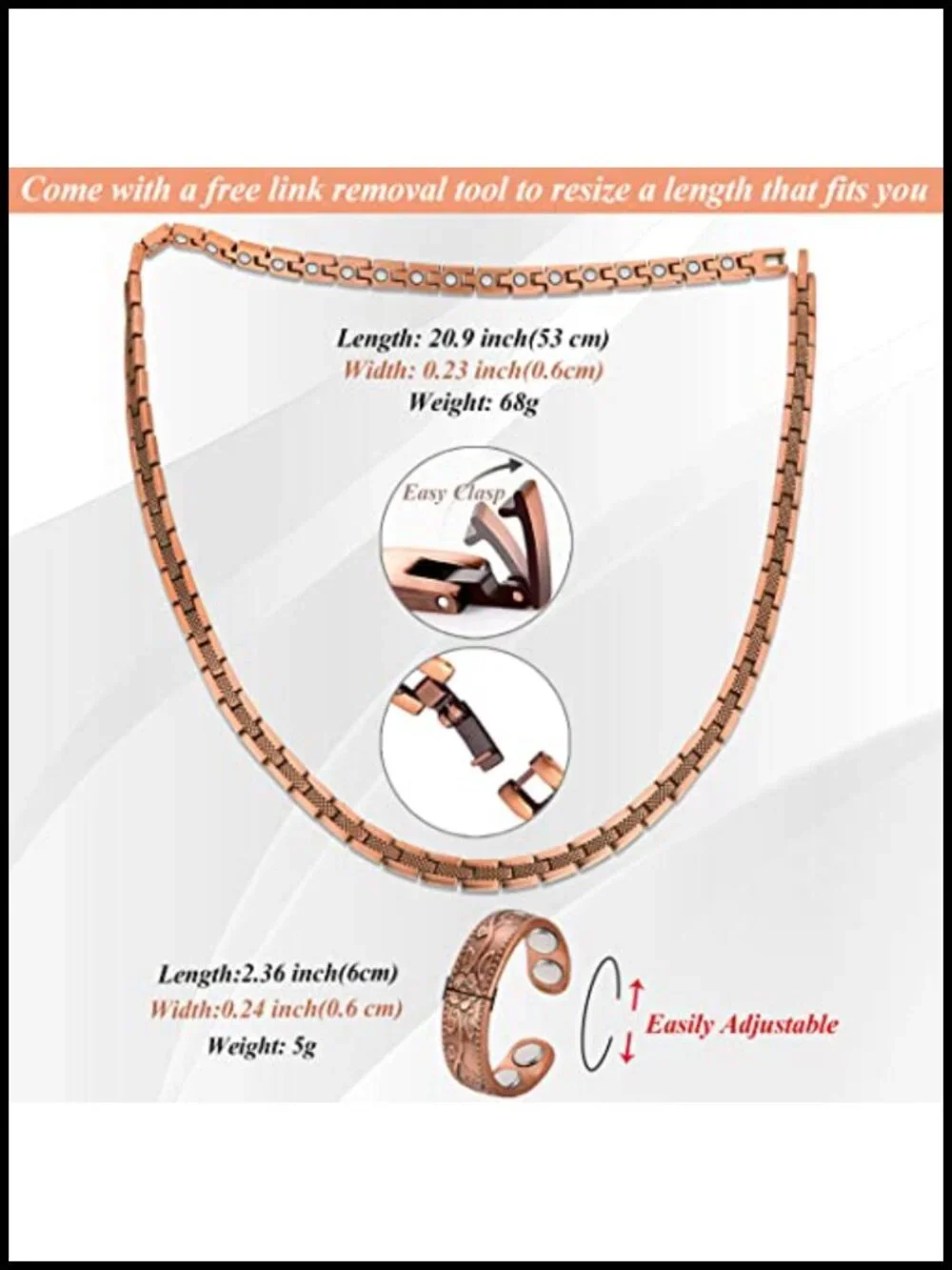 Solid Pure Copper Magnetic Necklace & Ring Set with Adjustable Sizing Tool